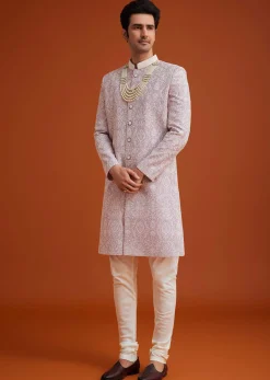 Lilac Silk Sherwani Set With Embroidery And Bead Work