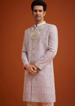 Lilac Silk Sherwani Set With Embroidery And Bead Work