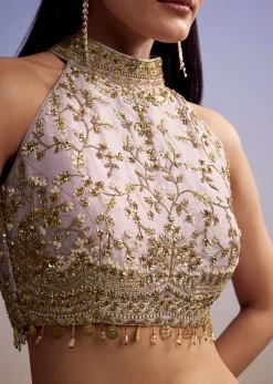 Lilac Tissue Crop Top Set With Orange Pastel Embroidery