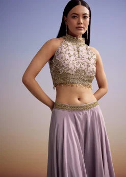 Lilac Tissue Crop Top Set With Orange Pastel Embroidery