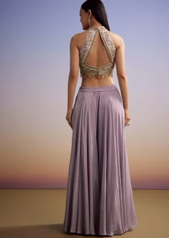 Lilac Tissue Crop Top Set With Orange Pastel Embroidery