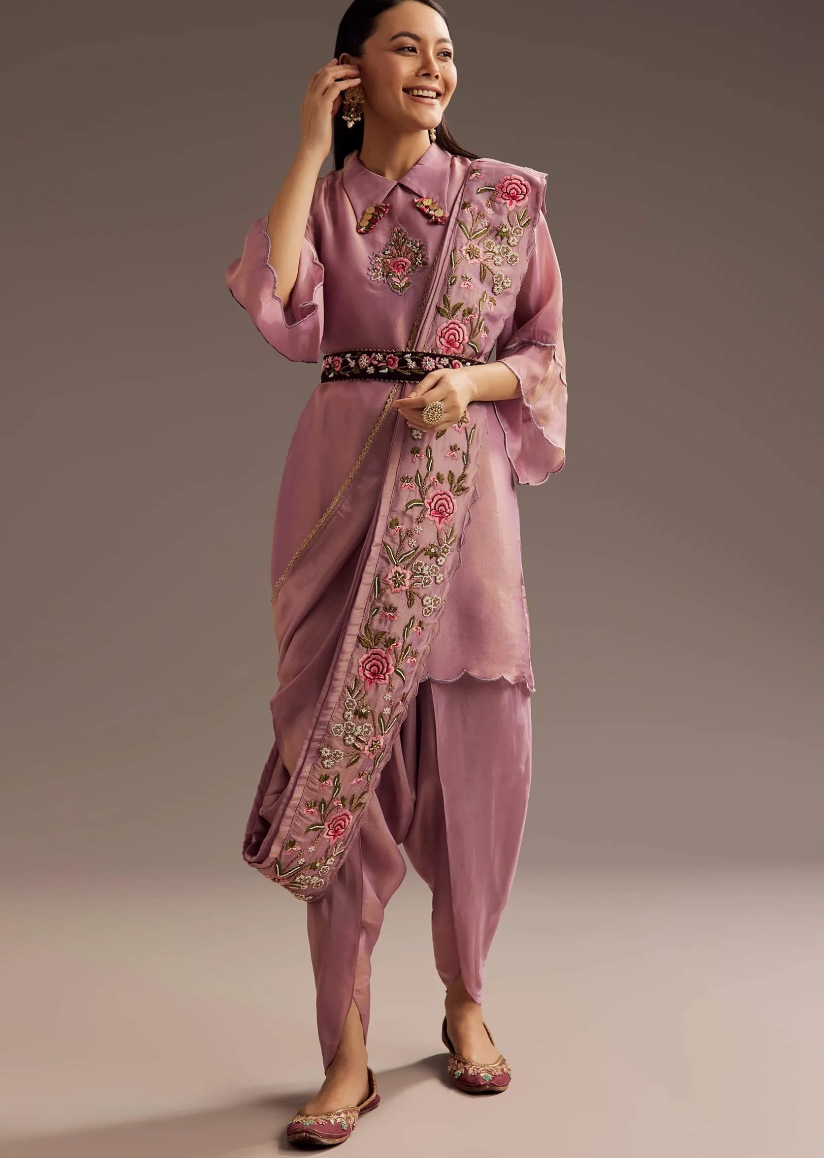 Lilac Zardosi Motif Kurta Dupatta Belt Set