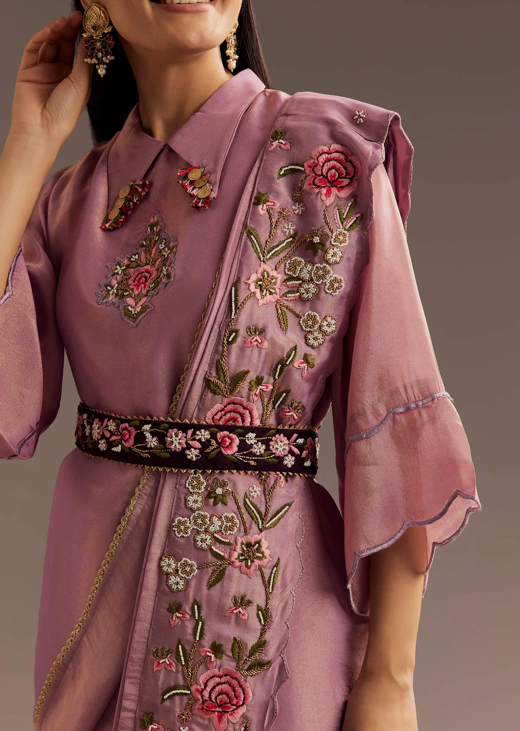 Lilac Zardosi Motif Kurta Dupatta Belt Set