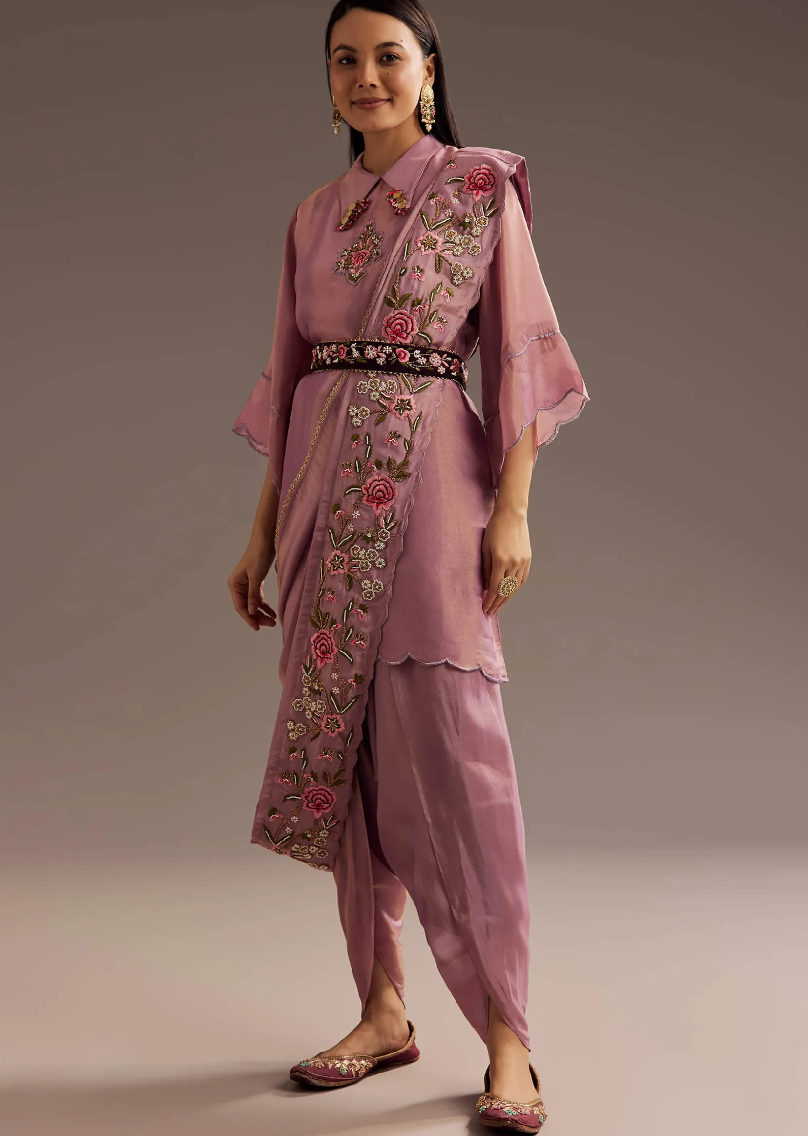 Lilac Zardosi Motif Kurta Dupatta Belt Set