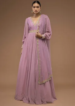 Lilas Pink Floor-Length Suit In Balloon Sleeves, Crafted In Georgette With A Scalloped Neckline And Moti, Cut Dana Embroidery On The Yoke