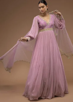 Lilas Pink Floor-Length Suit In Balloon Sleeves, Crafted In Georgette With A Scalloped Neckline And Moti, Cut Dana Embroidery On The Yoke