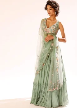 Lily Green Tiered Lehenga With Colorful Resham And Moti Embroidery In Floral Motifs