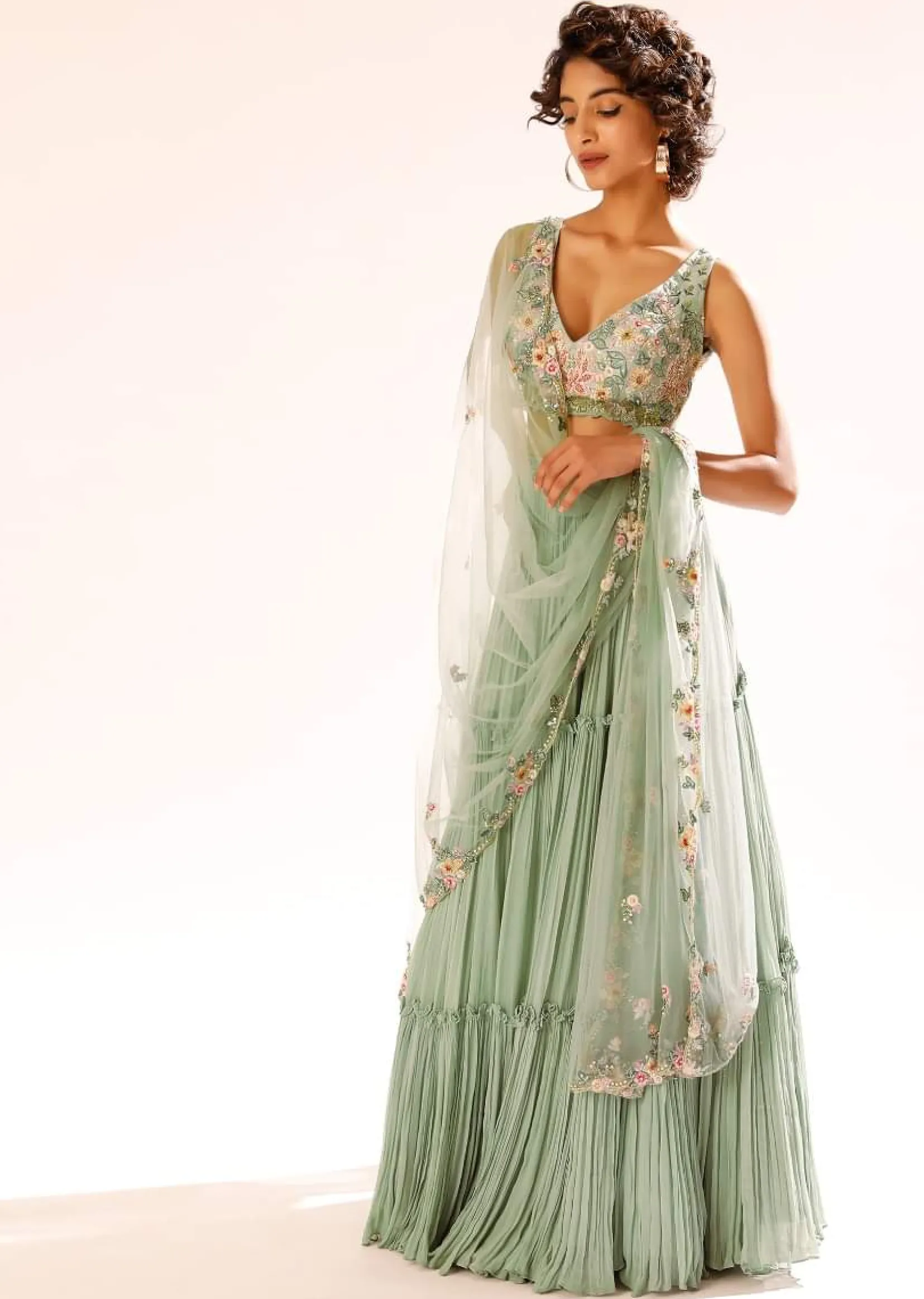 Lily Green Tiered Lehenga With Colorful Resham And Moti Embroidery In Floral Motifs