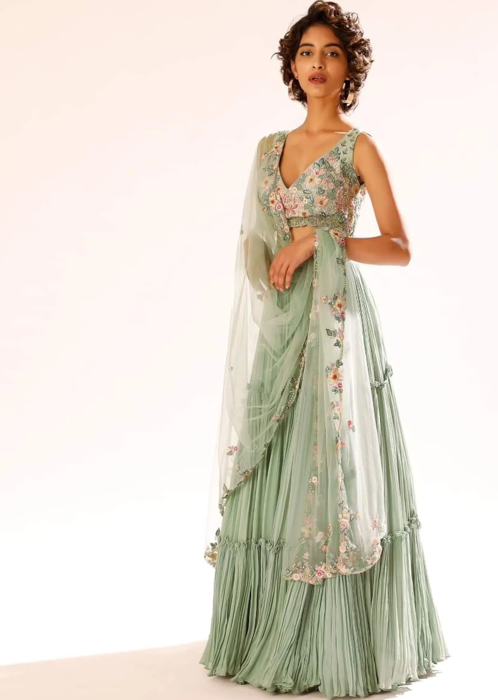 Lily Green Tiered Lehenga With Colorful Resham And Moti Embroidery In Floral Motifs