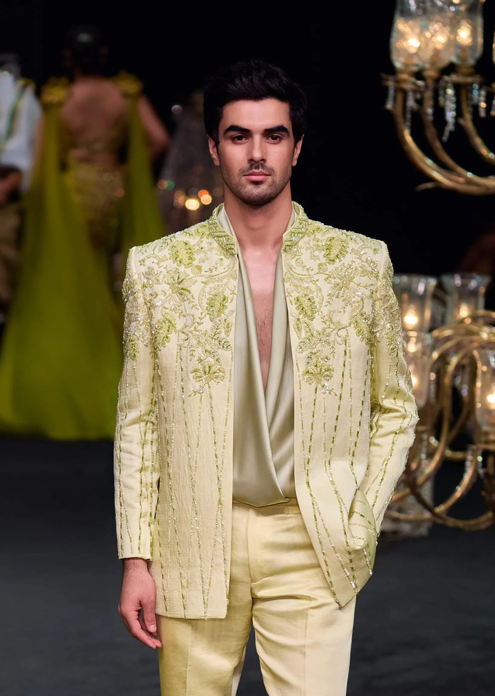 Lime Bandhgala Jacket And Pant Set With Floral Embroidery