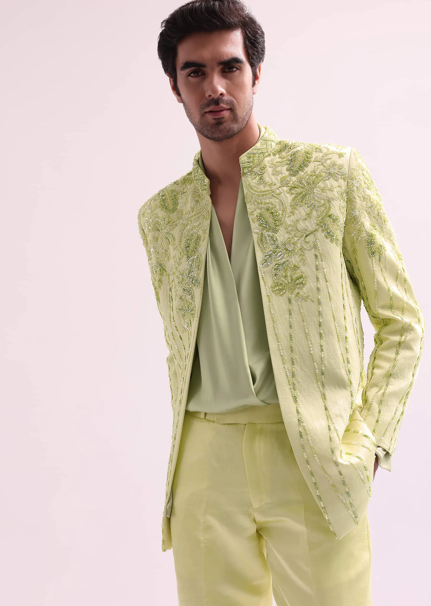 Lime Bandhgala Jacket And Pant Set With Floral Embroidery