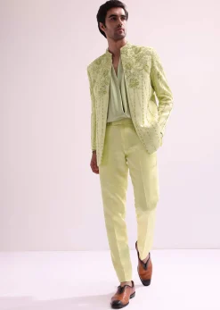 Lime Bandhgala Jacket And Pant Set With Floral Embroidery