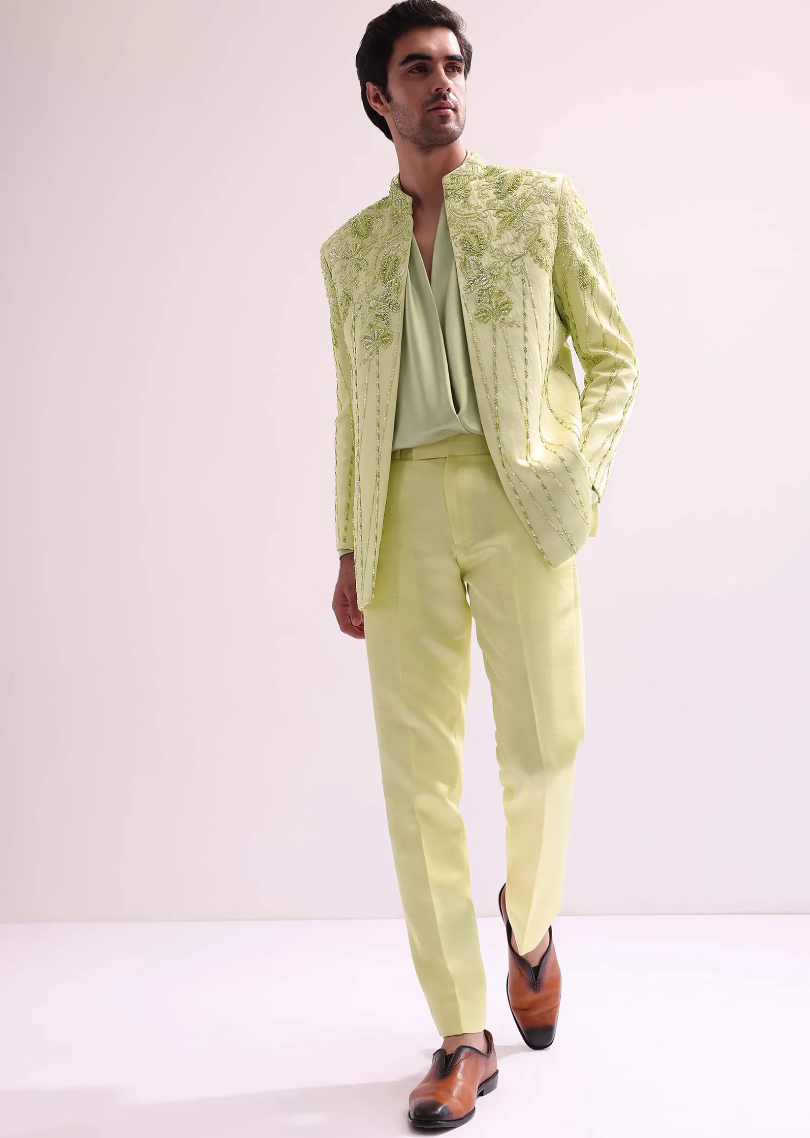 Lime Bandhgala Jacket And Pant Set With Floral Embroidery
