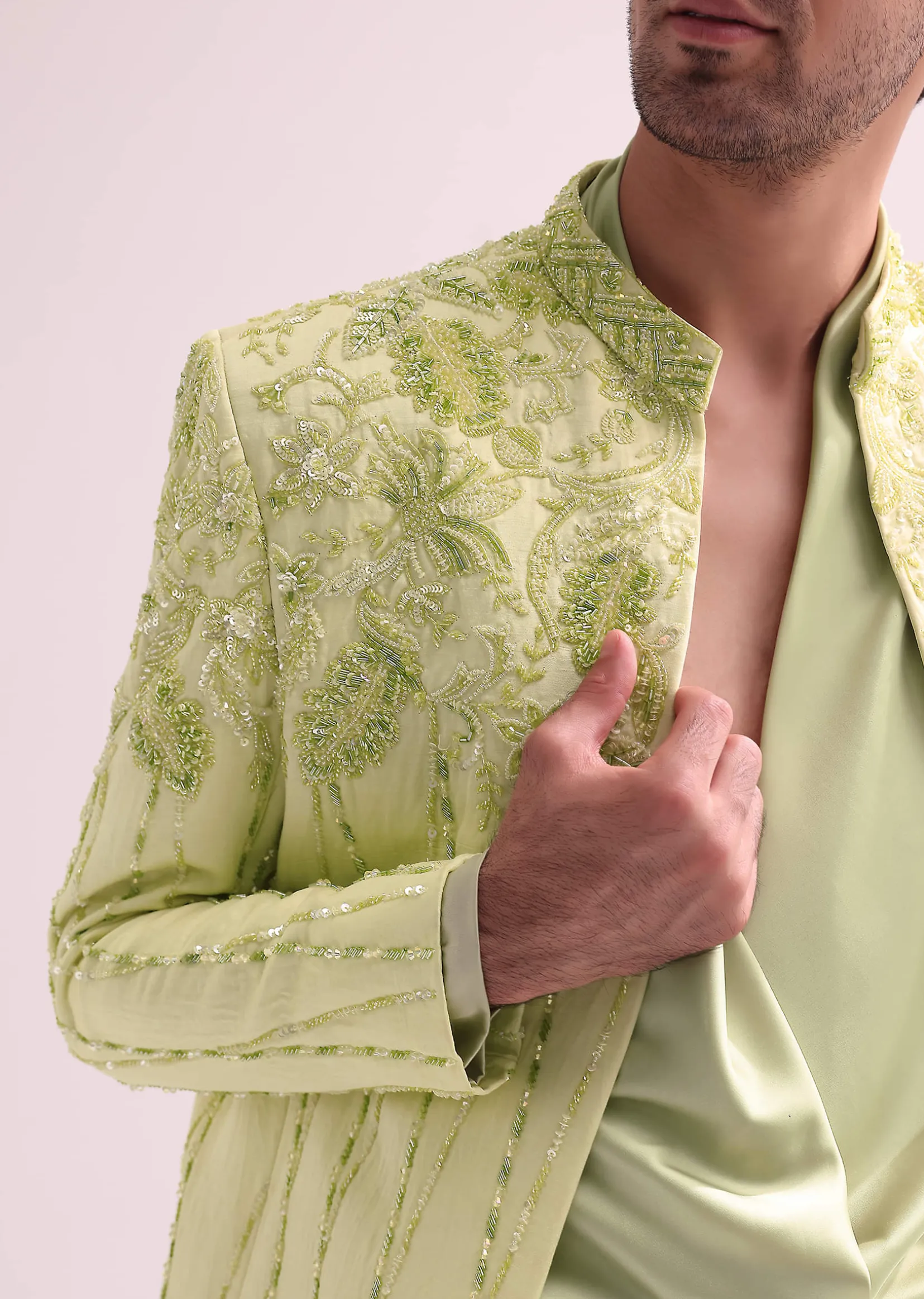 Lime Bandhgala Jacket And Pant Set With Floral Embroidery