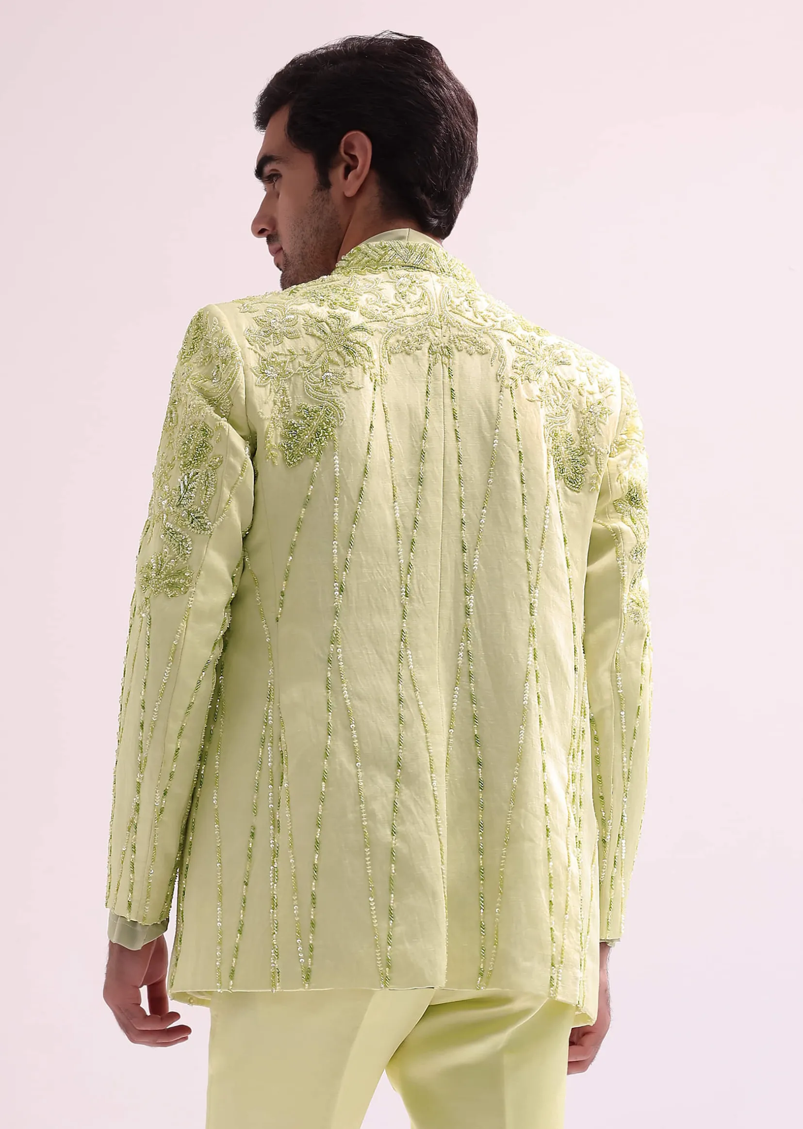 Lime Bandhgala Jacket And Pant Set With Floral Embroidery