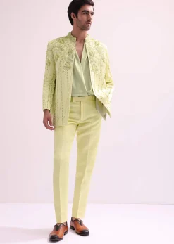 Lime Bandhgala Jacket And Pant Set With Floral Embroidery
