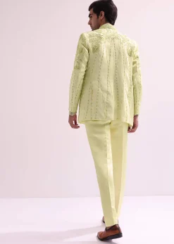 Lime Bandhgala Jacket And Pant Set With Floral Embroidery