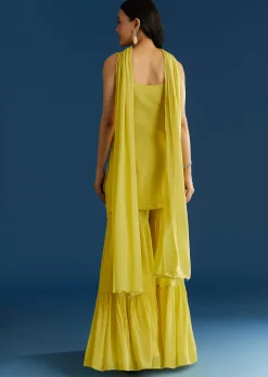 Lime Green Chinon Kurta Sharara Set With Choker Dupatta