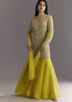 Lime Green Cutdana And Moti Work Kurta With Organza Sharara