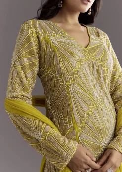 Lime Green Cutdana And Moti Work Kurta With Organza Sharara