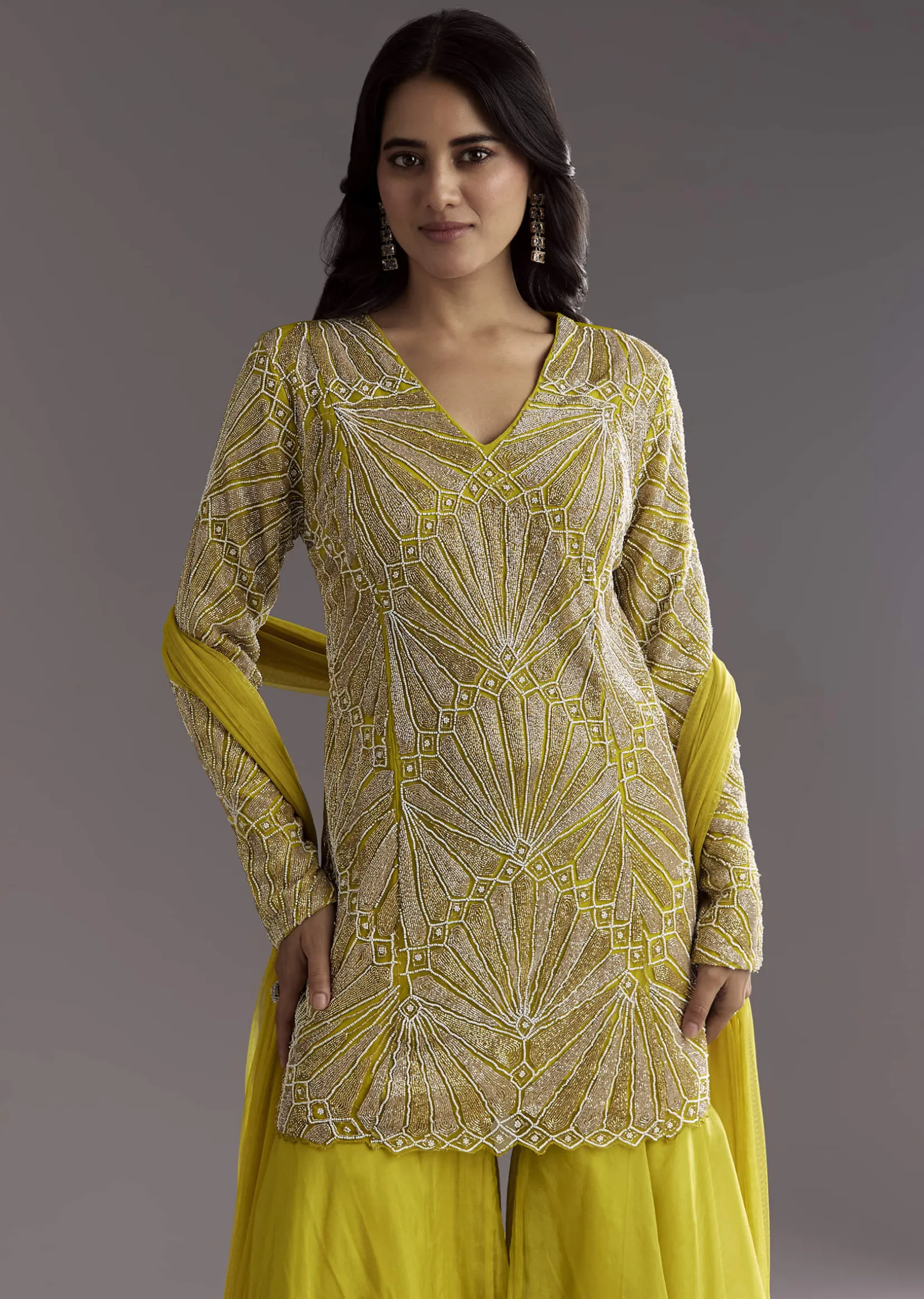 Lime Green Cutdana And Moti Work Kurta With Organza Sharara