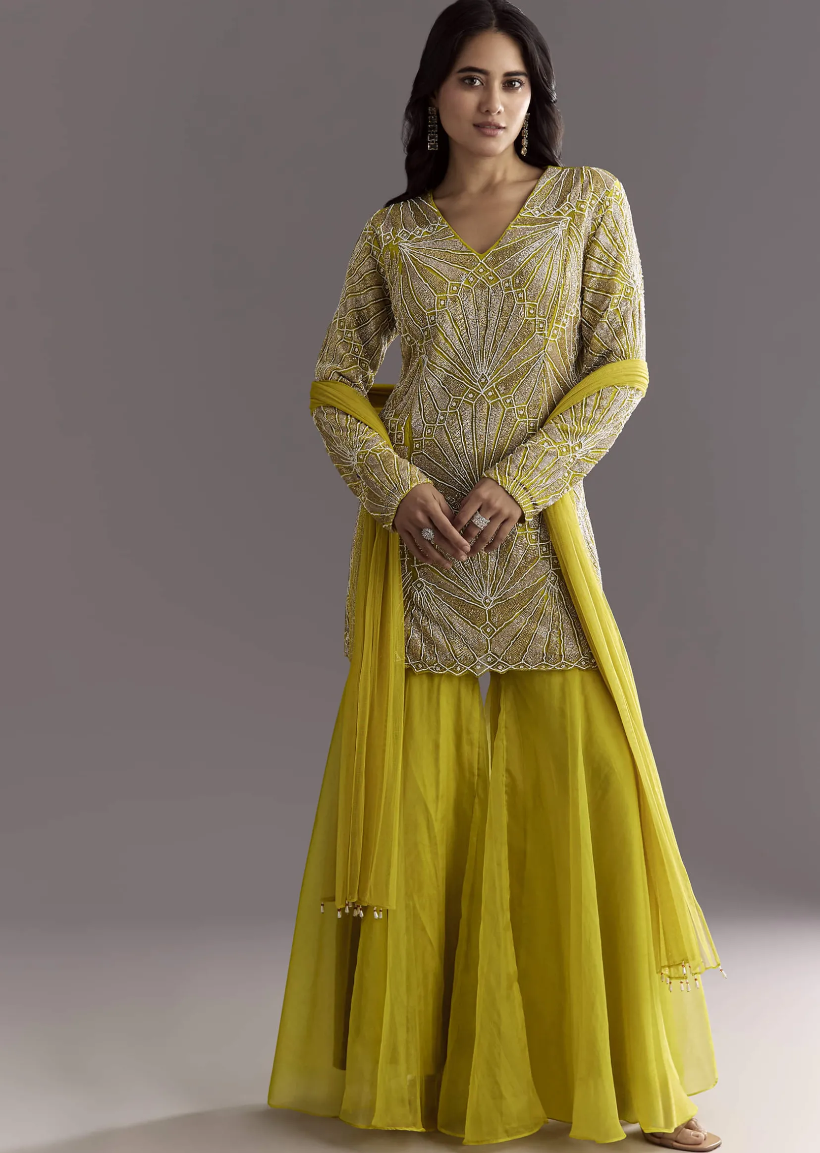 Lime Green Cutdana And Moti Work Kurta With Organza Sharara