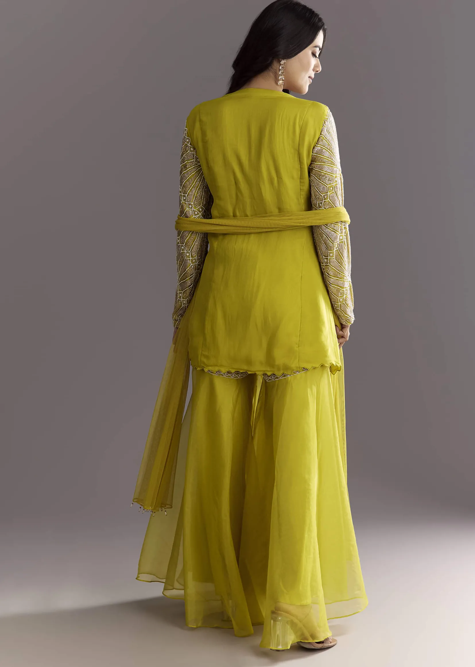 Lime Green Cutdana And Moti Work Kurta With Organza Sharara