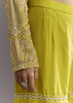 Lime Green Cutdana And Moti Work Kurta With Organza Sharara