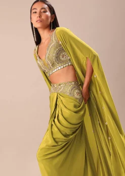 Lime Green Dhoti With Embroidered Blouse And Cape