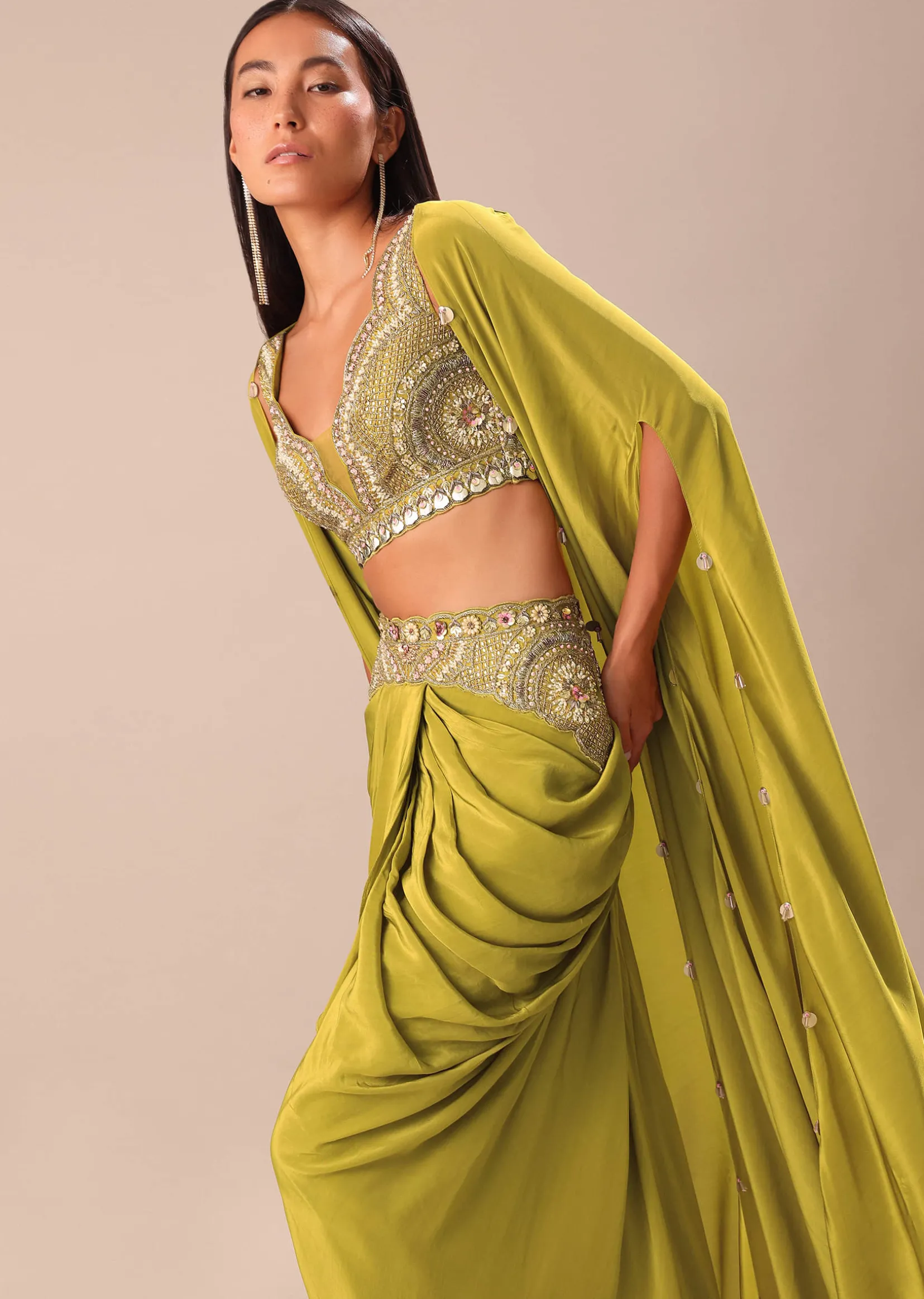 Lime Green Dhoti With Embroidered Blouse And Cape