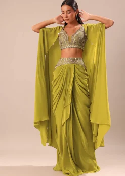 Lime Green Dhoti With Embroidered Blouse And Cape