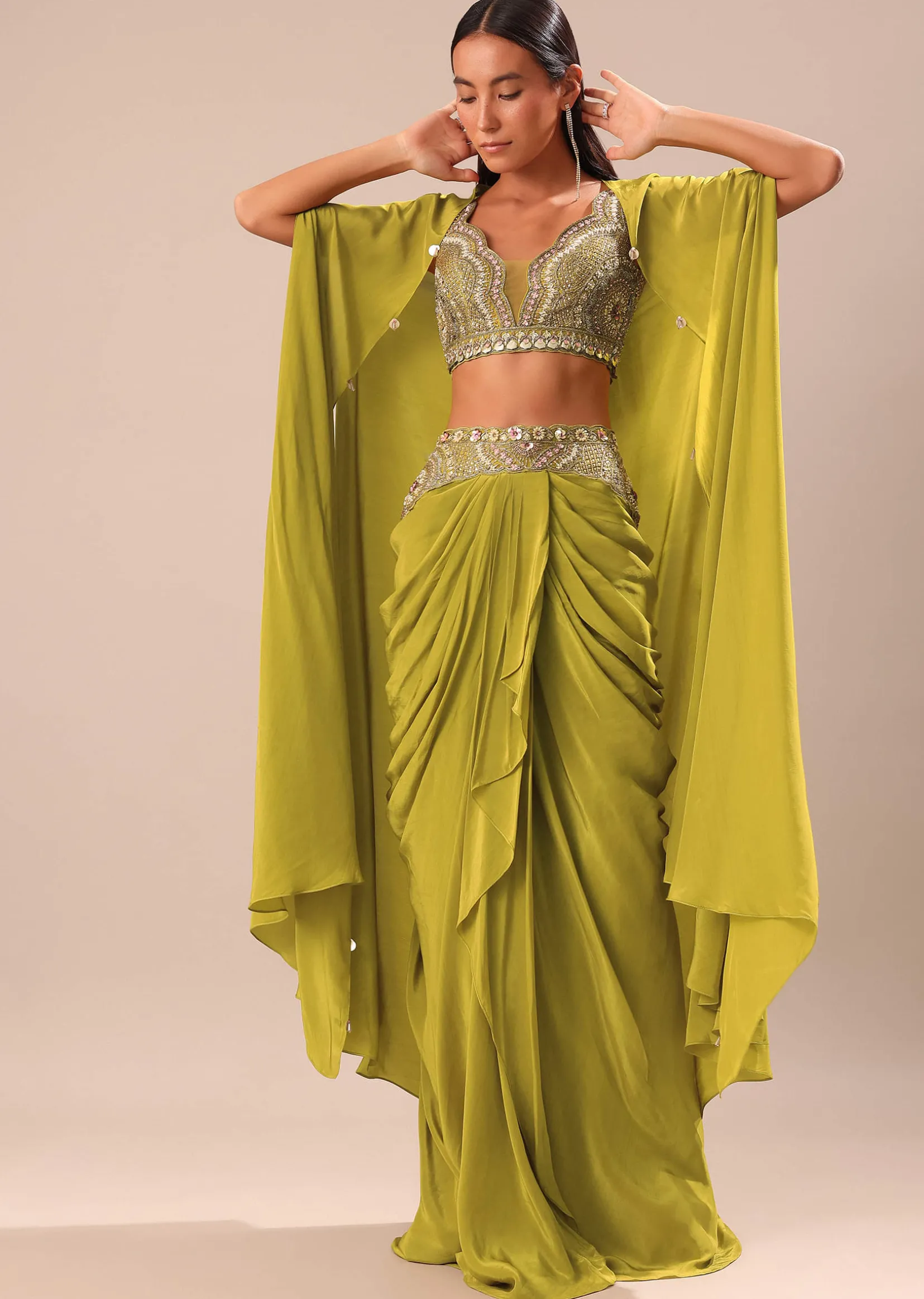 Lime Green Dhoti With Embroidered Blouse And Cape