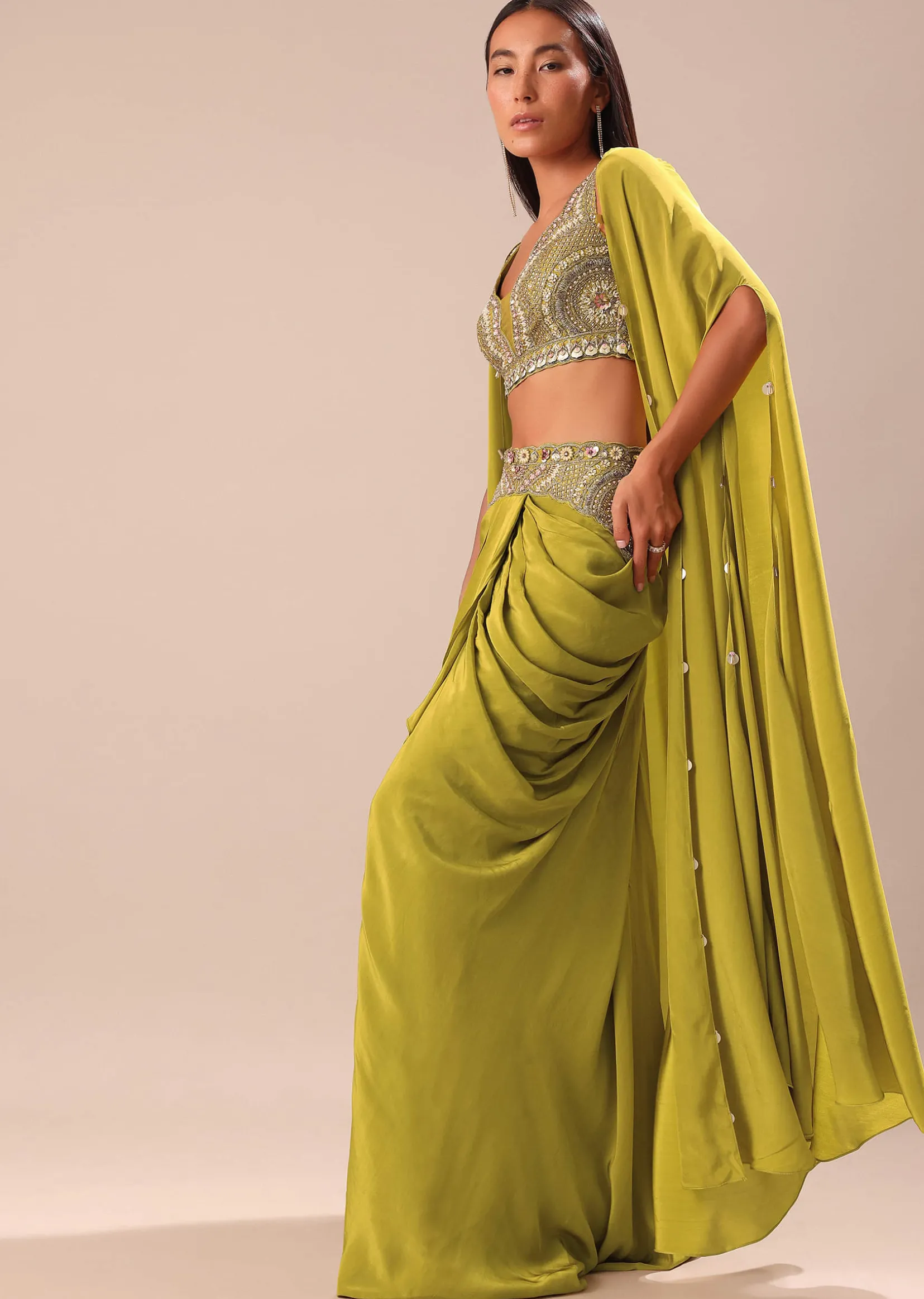 Lime Green Dhoti With Embroidered Blouse And Cape