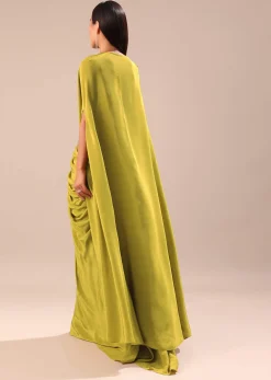 Lime Green Dhoti With Embroidered Blouse And Cape