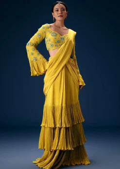 Lime Green Embroidered Blouse With Pre Stitched Saree