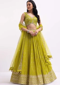 Lime Green Embroidered Georgette Lehenga Choli Set
