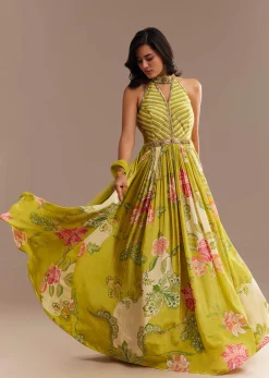 Lime Green Floral Printed Gown Set