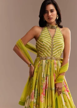Lime Green Floral Printed Gown Set