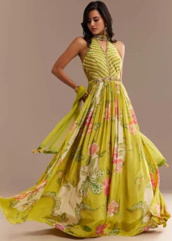 Lime Green Floral Printed Gown Set