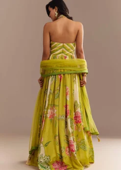 Lime Green Floral Printed Gown Set