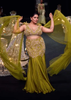 Lime Green Hand Embroidered Fishcut Lehenga Set With Winged Dupatta