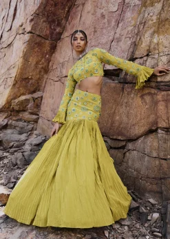 Lime Green High Neck Blouse With Pleated Skirt