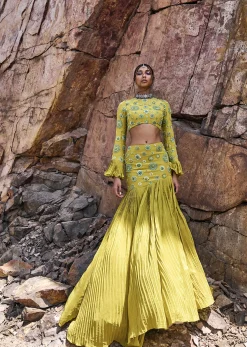 Lime Green High Neck Blouse With Pleated Skirt