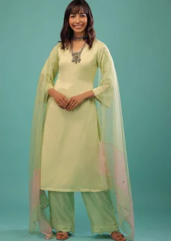 Lime Green Linen Satin Straight Cut Palazzo Suit With Floral Embroidery On The Sleeves
