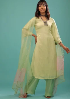 Lime Green Linen Satin Straight Cut Palazzo Suit With Floral Embroidery On The Sleeves