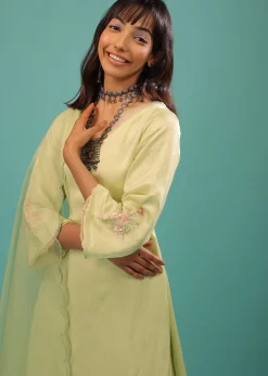 Lime Green Linen Satin Straight Cut Palazzo Suit With Floral Embroidery On The Sleeves