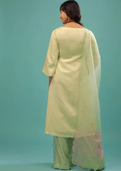 Lime Green Linen Satin Straight Cut Palazzo Suit With Floral Embroidery On The Sleeves