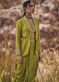 Lime Green Mirror Bustier With Jacket And Draped Skirt
