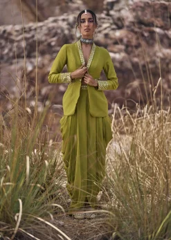 Lime Green Mirror Bustier With Jacket And Draped Skirt