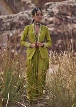 Lime Green Mirror Bustier With Jacket And Draped Skirt